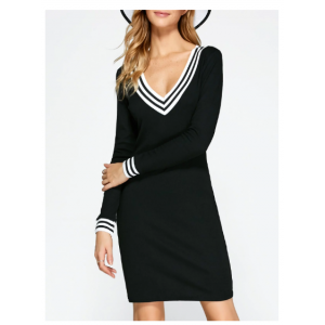 Plunging Neck Cricket Long Sleeve Knitted Dress - Black
